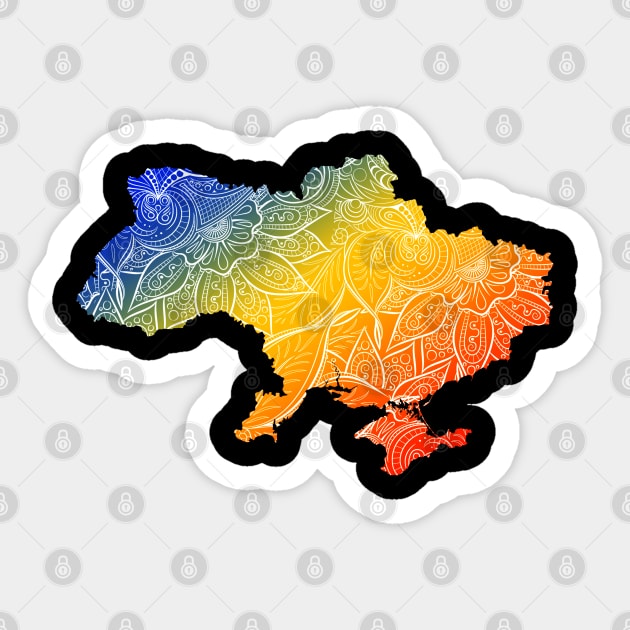 Colorful mandala art map of Ukraine with text in blue, yellow, and red Sticker by Happy Citizen